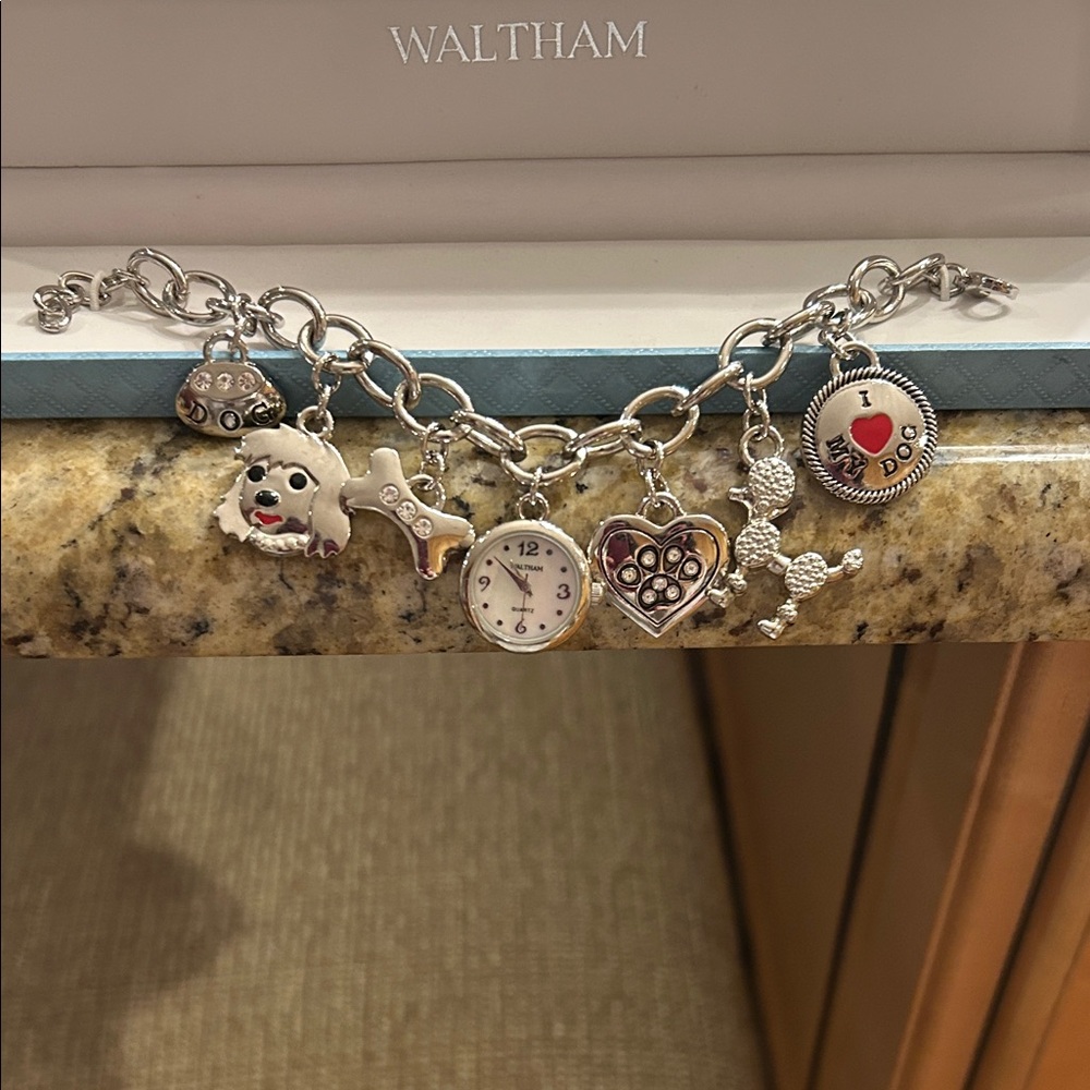 Silver Charm Bracelet with Watch and Heart Charms